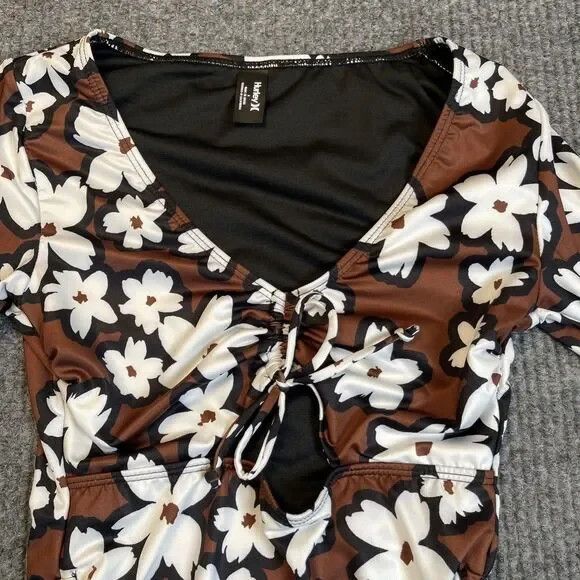 Hurley Women Small Brown Floral Long Sleeve One Piece Swimsuit Surf Rash Guard - Picture 2 of 10